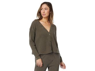 Mod-o-doc Washed Waffle Long Sleeve Button Front Cardi Womens Clothing Olive Thistle : MD (US 8-10), Cotton