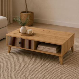 Dmora Mesa De Centro Liparime, 2 Cajones, Efecto Rayado, 2 Compartimentos, 102x67x32h Cm Roble Nudos Marr&oacute;n