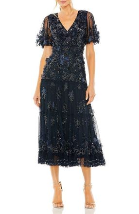 Mac Duggal Floral Embellished Flutter Sleeve Tiered Dress in Midnight at Nordstrom, Size 10
