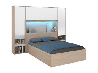 Vente-Unique Letto Contenitore 140 X 190 Cm Con Ponte Letto Con Led Bianco Lucido E Naturale - Velona