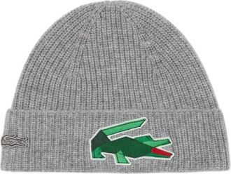 Lacoste Unisex Ribbed Wool Knit Crocodile Beanie In Gray