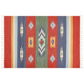 Beliani Alfombra Kilim De Algod&oacute;n Rojo Azul Verde Amarillo 140 X 200 Cm A Mano Geom&eacute;trico Borlas Kamaris