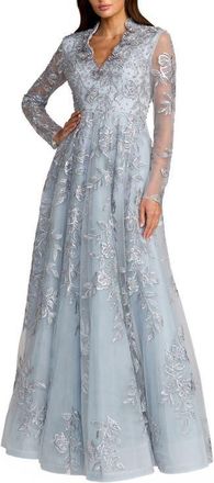 Mac Duggal Beaded Embroidered Mesh Long Sleeve A-Line Gown in Slate Blue at Nordstrom, Size 10