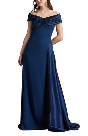Tadashi Shoji Off the Shoulder Crepe & Taffeta Gown in Navy at Nordstrom, Size 14