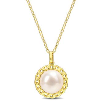 Amour 9-9.5mm Cultured Freshwater Pearl Halo Link Pendant with Chain In Yellow Plated Sterling Silver