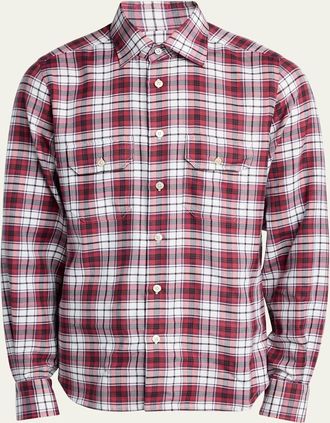 Kiton Mens Cotton and Cashmere Plaid Double-Pocket Button-Down Shirt