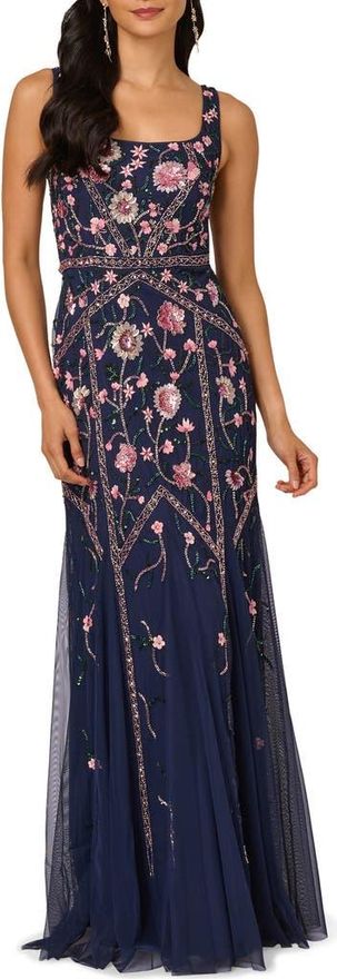 Beaded Floral Godet Gown in Navy/Pink Multi at Nordstrom, Size 16