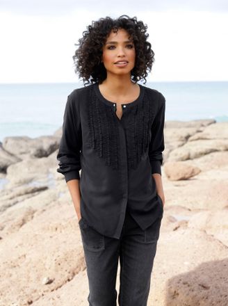 Heine Langarmbluse HEINE, Damen, Gr. 34, schwarz, 100% Viskose, unifarben, Rundhals, Blusen Langarmbluse