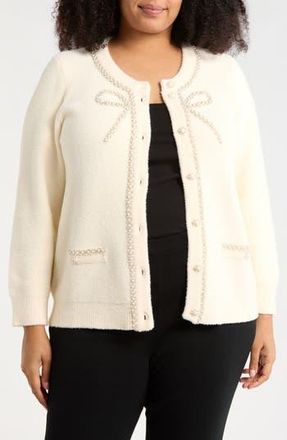 Adrianna Papell Faux Pearl Bow Cardigan in Cream at Nordstrom Rack, Size 1X