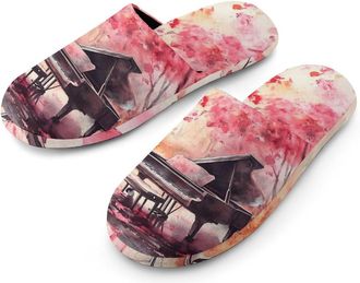 Generic Watercolor Painting of Piano Flannel Mens Slip-on Slippers Winter Warm House Shoes with Rubber Sole for Home Hotel