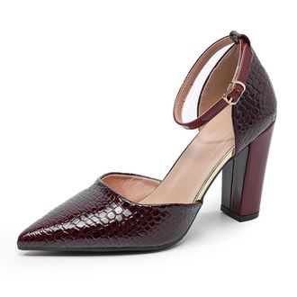 Generic Womens Closed Pointed Toe Block High Heel Pumps with Buckle Ankle Strap Fashion Formal Party Prom Work Shoes (Wine Red,5.5)