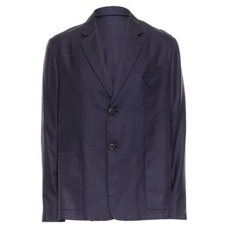 Prada silk navy tonal triangle patch single breasted blazer