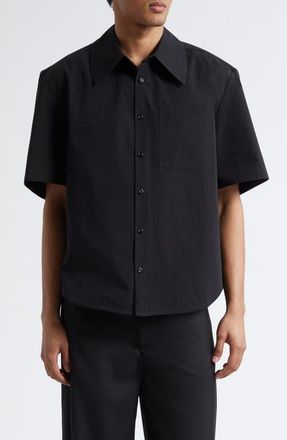 S&eacute;fr Waylon Short Sleeve Cotton Poplin Button-Up Shirt in Black Fine Poplin at Nordstrom, Size X-Large