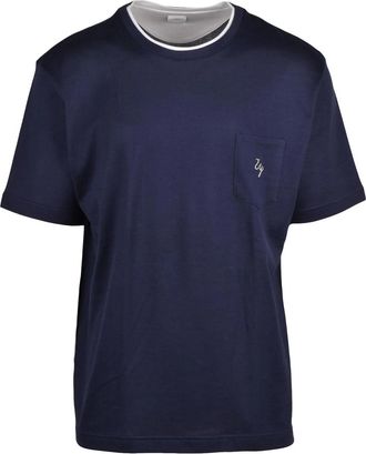 Eleventy Blue Short-Sleeve Embroidered Pocket Cotton T-Shirt