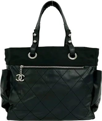 Chanel Black Canvas Leather Pouch Tote Bag (Pre-Owned)