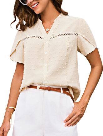 Grace Karin Womens Summer Short Sleeve Shirts Button Down Business Casual Blouses Flowy Tunic Top Apricot XL