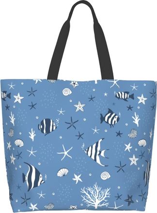 Generic Fishes Conchs Starfishes11 Tote Bag Durable Carry Bag Lightweight Shopping Bags For Camping Picnic Yoga