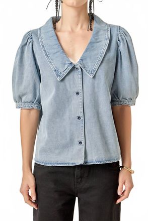 English Factory Deep V-Neck Button Up Denim Shirt In Blue