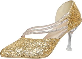 Generic Gold Womens Rhinestone Wedding Dress High Heels with Two-Way Wear Design Summer Fall Comfortable Walking Shoes Pu Upper