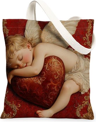 Generic Stained Glass Valentines Day Angel Canvas Tote Bag for Shopping 13x15, Fun Romantic Love Heart Reusable Grocery Print Bag for Women, Holiday Beach Aes