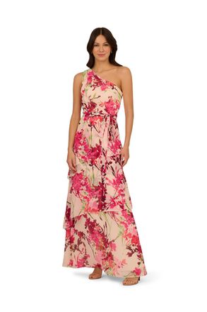 Adrianna Papell Womens One Shoulder Tiered Gown - White - Size 14 UK