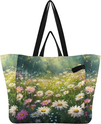 Generic Flowers Pink White print Reusable Canvas Tote Bag, Heavy Duty Grocery Shopping Bag with Large Capacity Hard Bottom Double Handles Work Groceries Trave