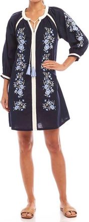 Karen Kane Blouson Sleeve Embroidered Peasant Dress In Navy
