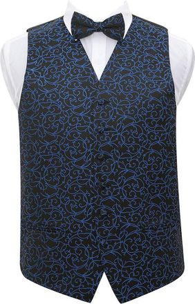 DQT Premium Woven Jacquard Swirl Black and Blue Mens Wedding Waistcoat Vest and Pre-tied Bow Tie 2 pc. Matching Set - 40