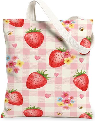 Generic Strawberry Floral Canvas Tote Bags, Cute Plant Pattern Reusable Grocery Bags, Spring Lightweight Washable Shoulder Strap Ca, Peach, 13x15 Inch