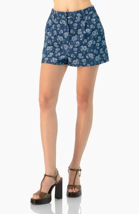 Ivonne Floral Patterned Denim Shorts in Navy Blue at Nordstrom, Size 12