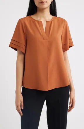 Anne Klein Pleated Split Neck Top in Cedar Spice at Nordstrom, Size X-Large P