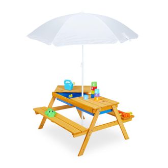 Relaxdays Relaxdays Mesa P&iacute;cnic Infantil Con Sombrilla, Mesita Ni&ntilde;os Con 2 Bancos Madera, Para Juegos Con Arena Y Agua, Natural