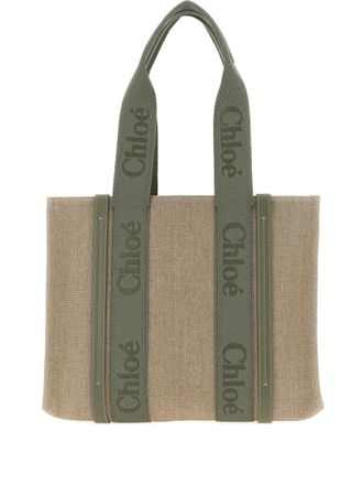Chlo&eacute; logo canvas leather woody shopping bag - Toni neutri
