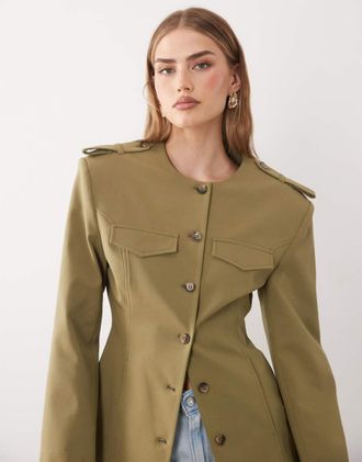 Asos Giacca con cintura in vita kaki-Verde