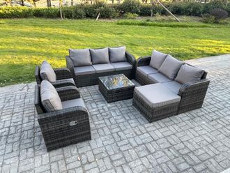 Fimous High Back Rattan Garden Furniture Set with Square Coffee Table Big Footstool Indoor Outdoor Patio Lounge Sofa Set Dark Grey Mixed