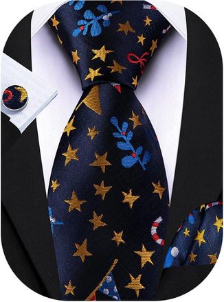 Barry.Wang Blue Christmas Tie Xmas Necktie Silk Funny Pocket Square Cufflinks Holiday Festive Party