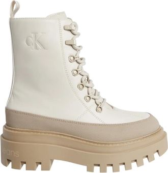 Calvin Klein Jeans Beige Veterschoen Flatform Enkellaarzen - Dames - Veterlaarzen - Beige - 40 EU - Schoenen
