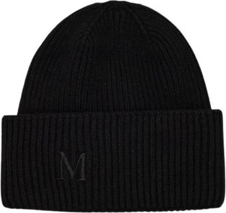 Max Mara Kasjmier Geribbelde Beanie met Monogram Logo - Dames - Hoeden - Zwart - ONE Size - Kasjmier - Accessoires