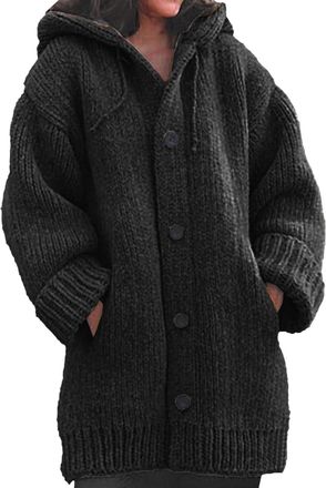 Generic Ladies Hooded Knit Cardigan Winter Sweater Coat Long Sleeve Pocketed Warm Outerwear Black Small
