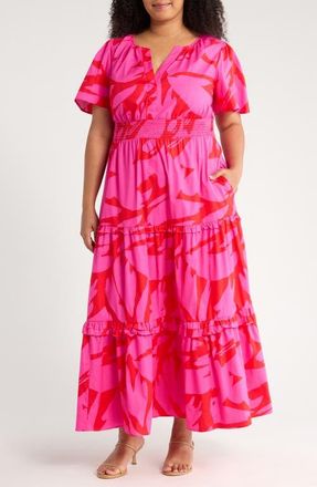 Sugarlips Jolene Print Tiered Maxi Dress in Fuchsia/red Multi at Nordstrom, Size 2X