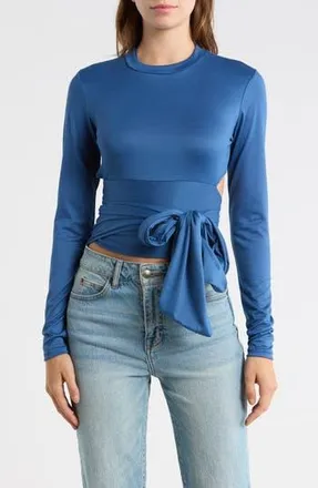 Go Couture Wrap Front Long Sleeve Top in Lyons Blue Slub at Nordstrom Rack, Size X-Large