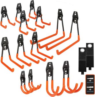 OEM Ganchos De Acero Resistentes Para Garaje (16 Piezas) - Revestimiento Antideslizante Para Herramientas, Escaleras, Bicicletas, Color Naranja