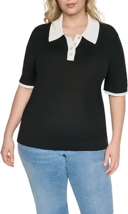 Karl Lagerfeld Johnny Collar Short Sleeve Sweater in Black/soft White at Nordstrom, Size 3X
