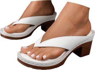 Generic Chunky Sandals for Women White Heels Block Heel Sandals for Women Chunky Block Mid Heels Flip Flop Slip on Square Toe Comfortable Heeled Dress Bridal 