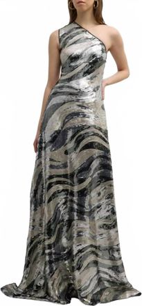 Naeem Khan One Shoulder Sequin A-Line Gown In Grey