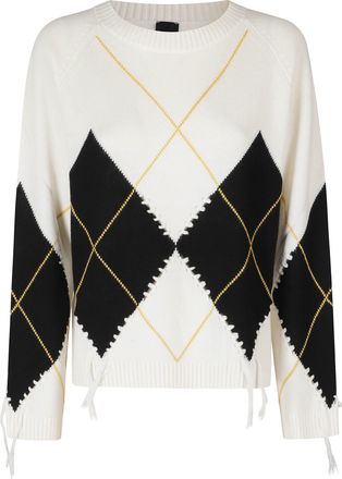 Pinko Black Cream Fringed Argyle Wool-Cashmere Sweater