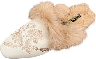 Generic Womens Faux Fur Slippers Ladies Stylish Winter Warm Slippers with Floral Embroidery Slip On Mule Shoes