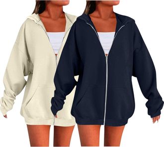 Generic 2 Piece Hoodies For Women Uk Oversized Solid Color Sweatshirts For Women Uk Ladies Zip Up Plain Hoodies Cardigans Tops Long Sleeves Casual Fashion Loo