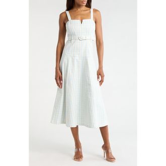 Cinq &agrave; Sept Tina Gingham Belted Denim Sundress in Morning Sky/Light Plaster at Nordstrom Rack, Size 14