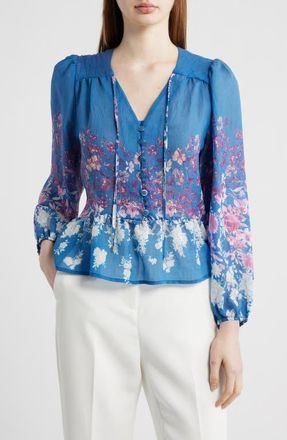 Tahari by ASL Printed Ruffle Hem Top in Blue Pink White at Nordstrom, Size Medium